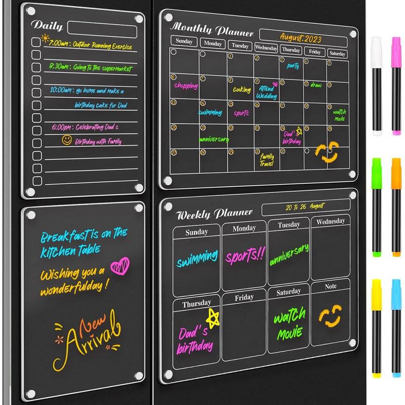 DIYMAG 4Pcs Acrylic Magnetic Dry Erase Calendar for Fridge, Clear Acrylic Calendar Planning Board Set Magnetic Weekly Monthly Planner Menu for Refrigerator with 6 Highlight Markers Transparent Color