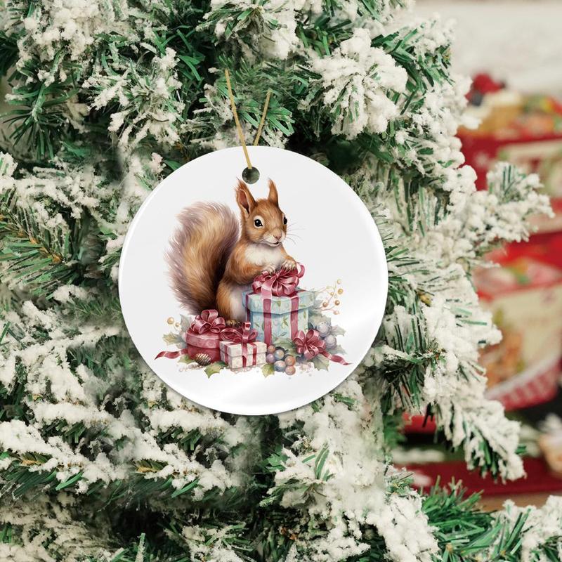 Squirrel Design Ceramic Hanging Ornament, 1 Count Lovely Squirrel with Gift Box Design Hanging Decoration, Christmas Tree Decor for Home Party