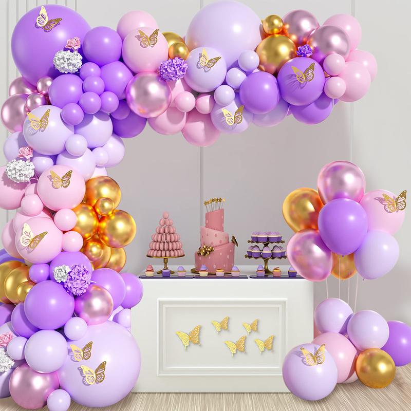 Purple Balloon Garland Arch Kit,112pcs Lilac Gold Latex Balloon,Wedding Birthday Party Balloon Decoration,Butterfly Theme Party Baby Shower Decor Purple Butterfly Balloon Tablecloth Set