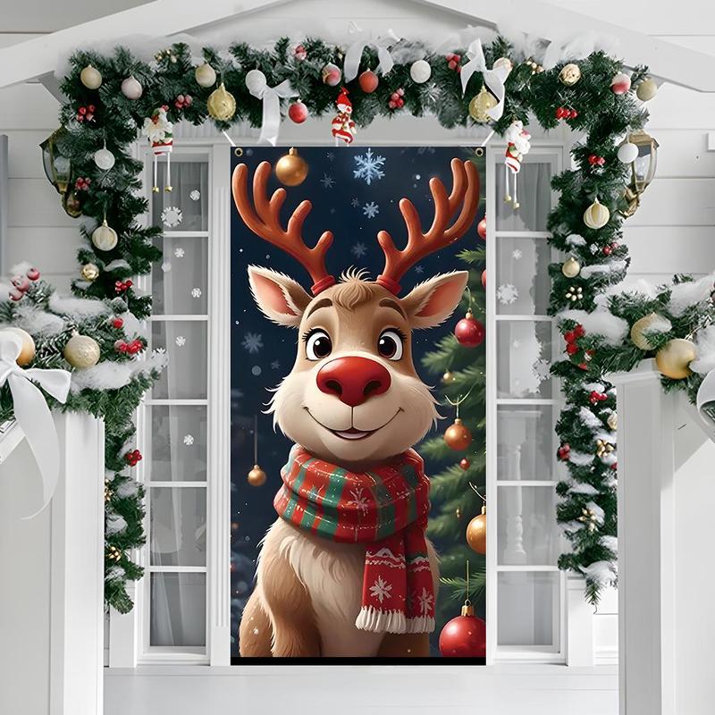 Christmas Themed Door Banner, 1 Count Reindeer Pattern Door Hanging Banner with 4 Grommets, Festive Party Decoration for Home Living Room Bedroom