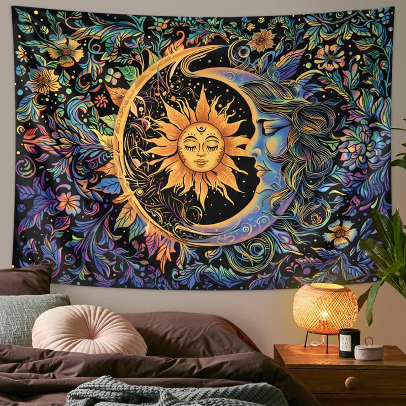 Sun & Moon Pattern Tapestry, 1 Count Boho Style Wall Hanging Tapestry with Free Installation Accessories, Wall Art Decor for Home Living Room Bedroom