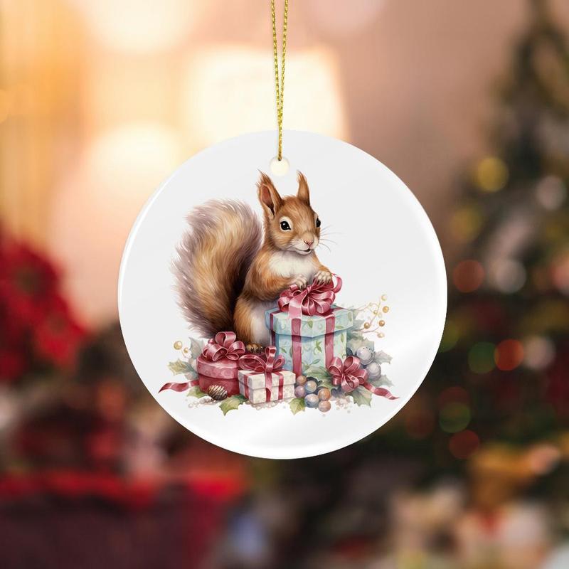 Squirrel Design Ceramic Hanging Ornament, 1 Count Lovely Squirrel with Gift Box Design Hanging Decoration, Christmas Tree Decor for Home Party