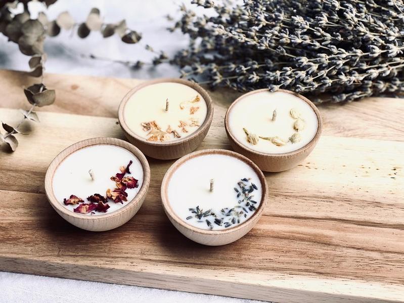 Set of Four Aromatherapy Soy Candles | One Ounce All-Natural Soy Wax Tea Candle with Dried Flowers | Essential Oil Infused | Toxin Free