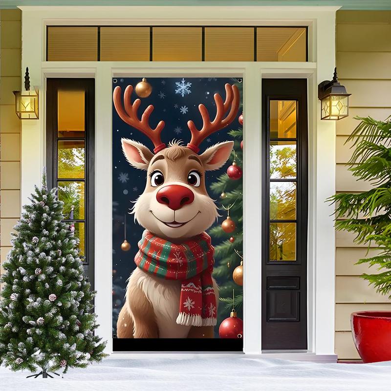 Christmas Themed Door Banner, 1 Count Reindeer Pattern Door Hanging Banner with 4 Grommets, Festive Party Decoration for Home Living Room Bedroom