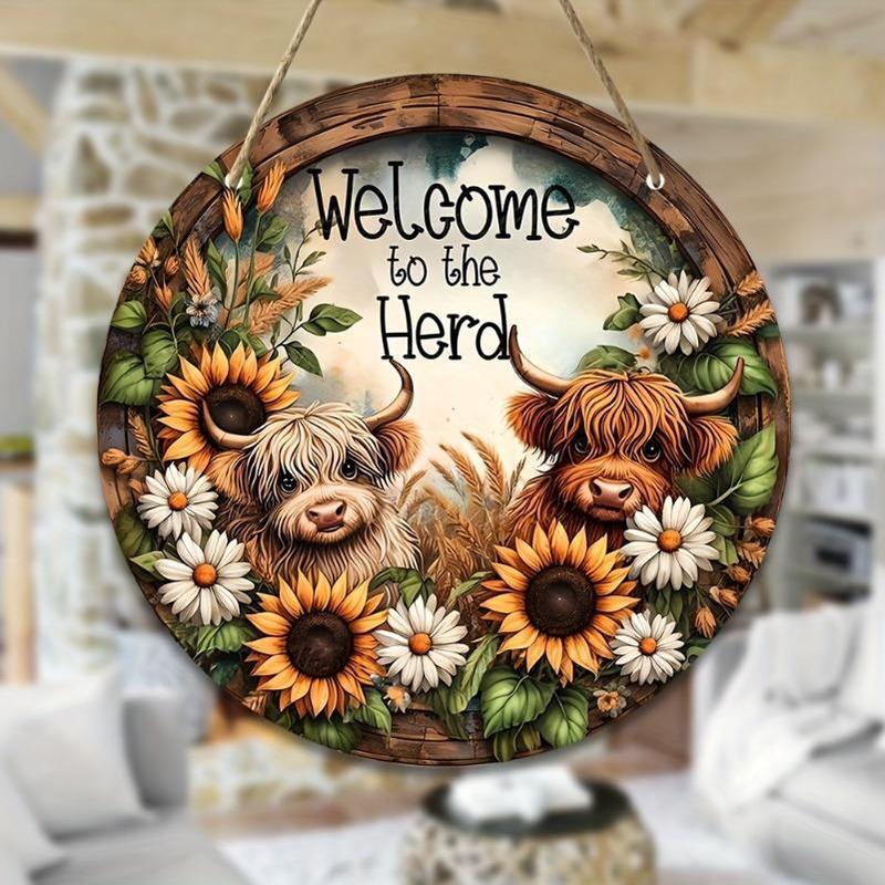 Highland Cow Pattern Welcome Sign, Round Sunflowers Hanging Door Sign, Wall Decor for Home Cafe Farmhouse Classroom Window Door Porch Garden