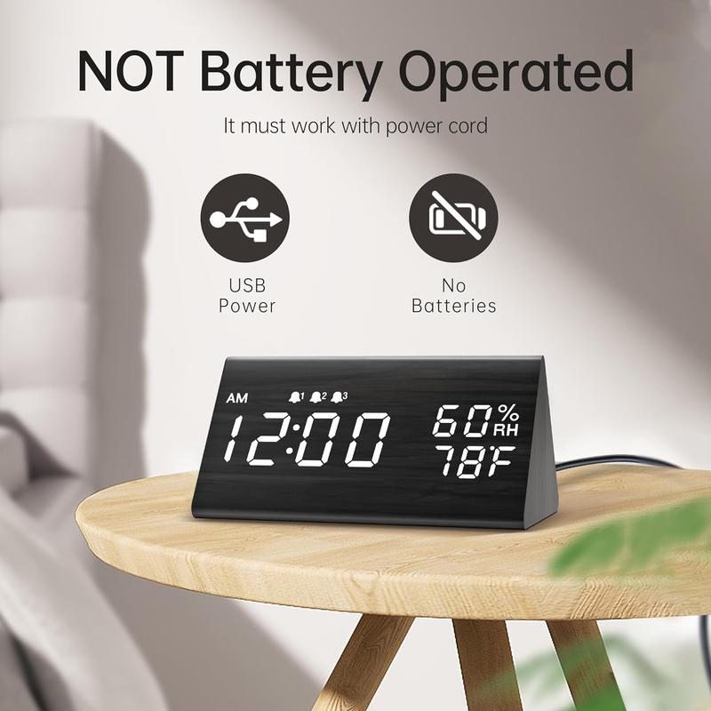 Wooden Digital Alarm Clocks For Bedrooms - Electric LED Time Display Desk Clock With Large Numbers, , 3 Alarm Settings, Humidity & Temperature Detect,USB Port, Battery Backup Alarm, Adjustable Volume, Dimmer, Snooze, DST, 12 24H,