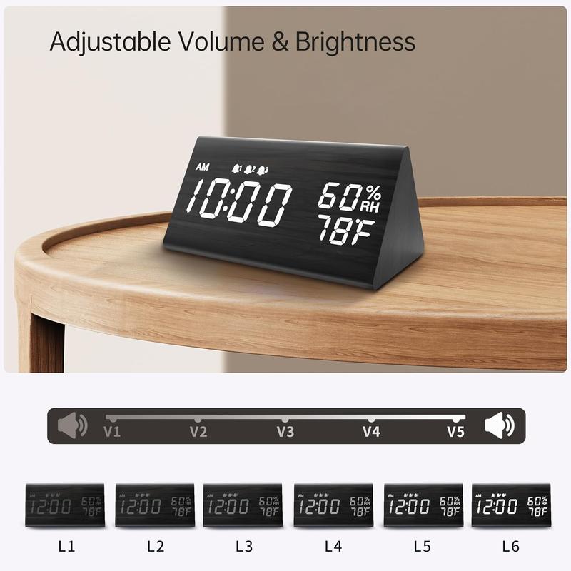 Wooden Digital Alarm Clocks For Bedrooms - Electric LED Time Display Desk Clock With Large Numbers, , 3 Alarm Settings, Humidity & Temperature Detect,USB Port, Battery Backup Alarm, Adjustable Volume, Dimmer, Snooze, DST, 12 24H,