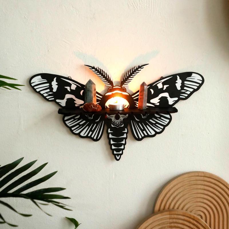 Wooden Moth Design Wall Decor, 1 Count Gothic Boho Wall Art, Wall Mounted Ornament Candle Holder  for Living Room Bedroom Office Decor