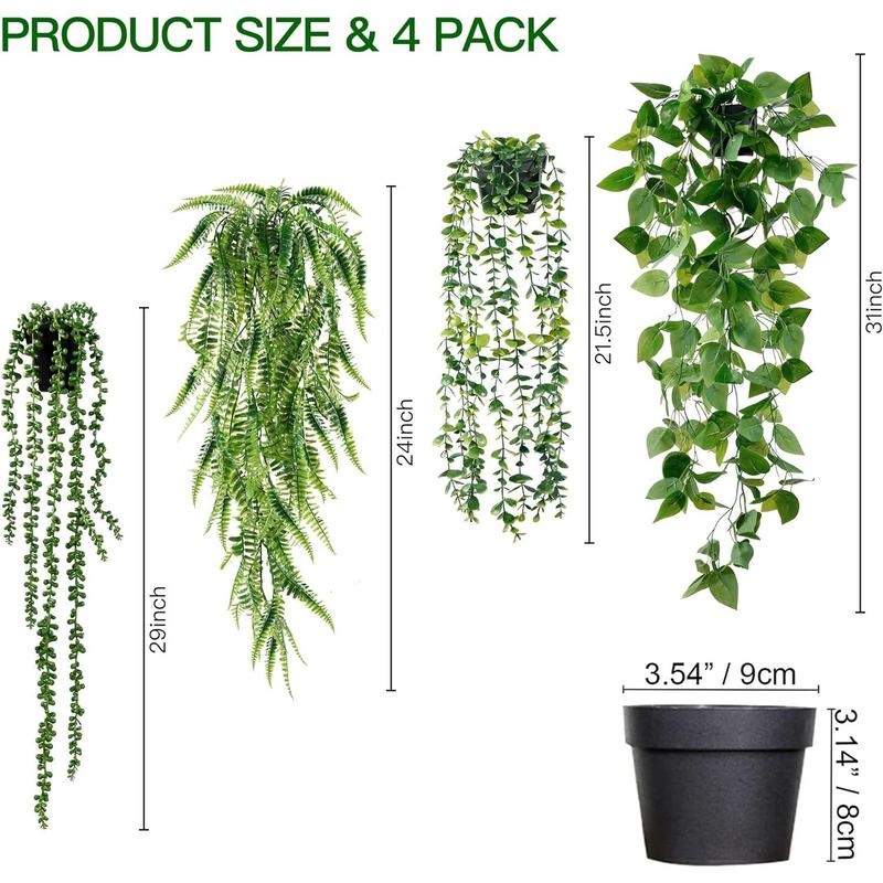 Fake Hanging Plants 4 Pack Artificial Hanging Plants Fake Potted Greenery Faux Eucalyptus Vine String of Pearls Boston Fern Ivy Vine Leaves for Home Indoor Outdoor Shelf Wall Garden Decor