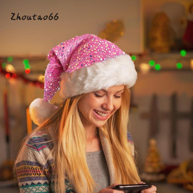 Christmas Santa Hats for Women Thicken Fuzzy Trim Shiny Sequin Caps Winter Christmas Costume Accessories