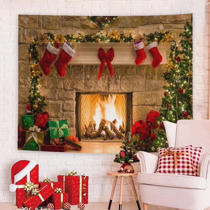 Christmas Fireplace Theme Backdrop, 1 Count Soft Wrinkle Free Fabric Tree Sock Decorations, Photo Background Pictures Banner, Studio Decor Booth Props