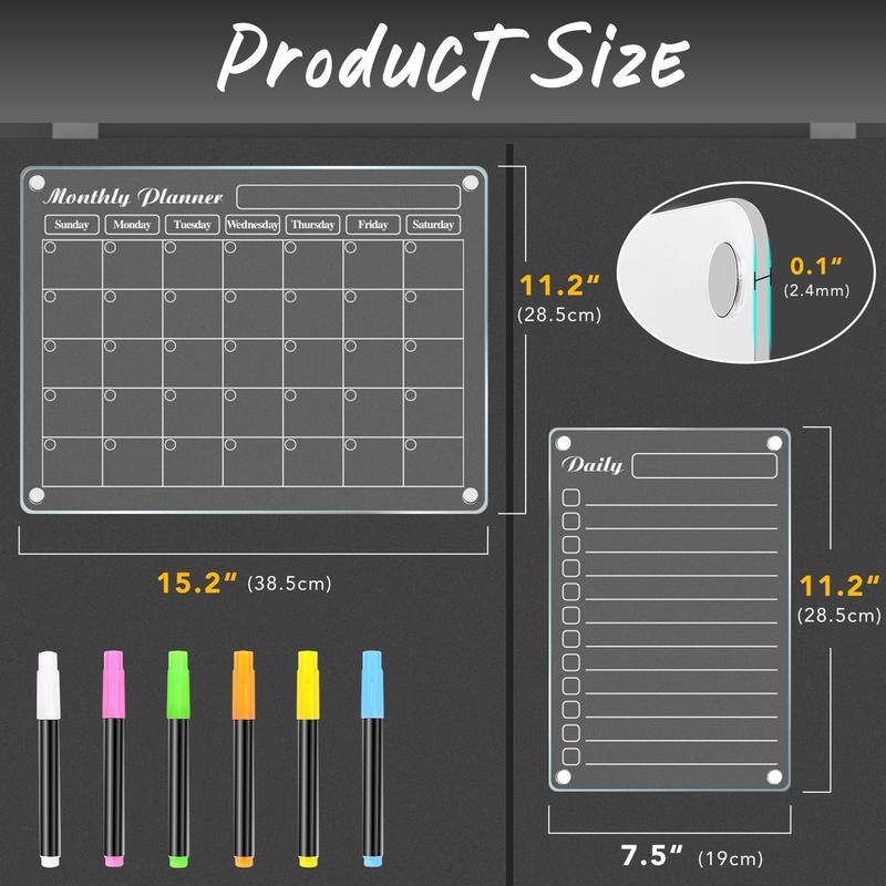 DIYMAG 4Pcs Acrylic Magnetic Dry Erase Calendar for Fridge, Clear Acrylic Calendar Planning Board Set Magnetic Weekly Monthly Planner Menu for Refrigerator with 6 Highlight Markers Transparent Color