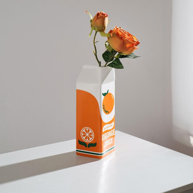 Vintage Orange Juice Milk Carton Design Vase, Creative Ceramic Vase, Decorative Vase for Home Living Room Bedroom Dining Room