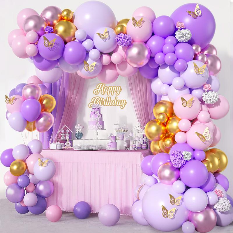 Purple Balloon Garland Arch Kit,112pcs Lilac Gold Latex Balloon,Wedding Birthday Party Balloon Decoration,Butterfly Theme Party Baby Shower Decor Purple Butterfly Balloon Tablecloth Set