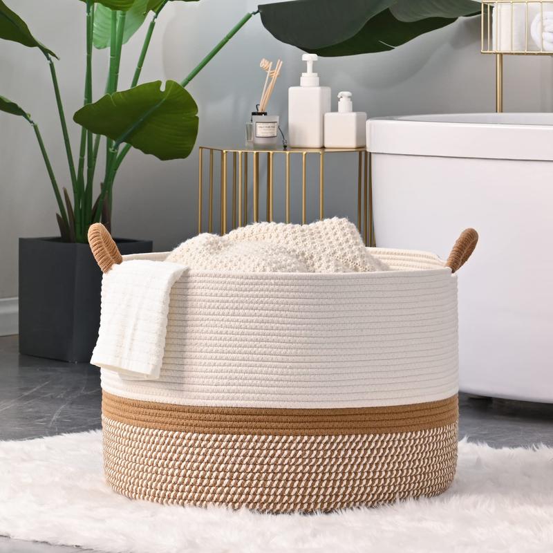 laundry hampers,xxxlarge cotton extra large laundry basket Organiser,Large Blanket Basket,Cotton Rope Blanket Basket for Living Room,Nursery,Pillows,Baby Toy chest (White Brown)