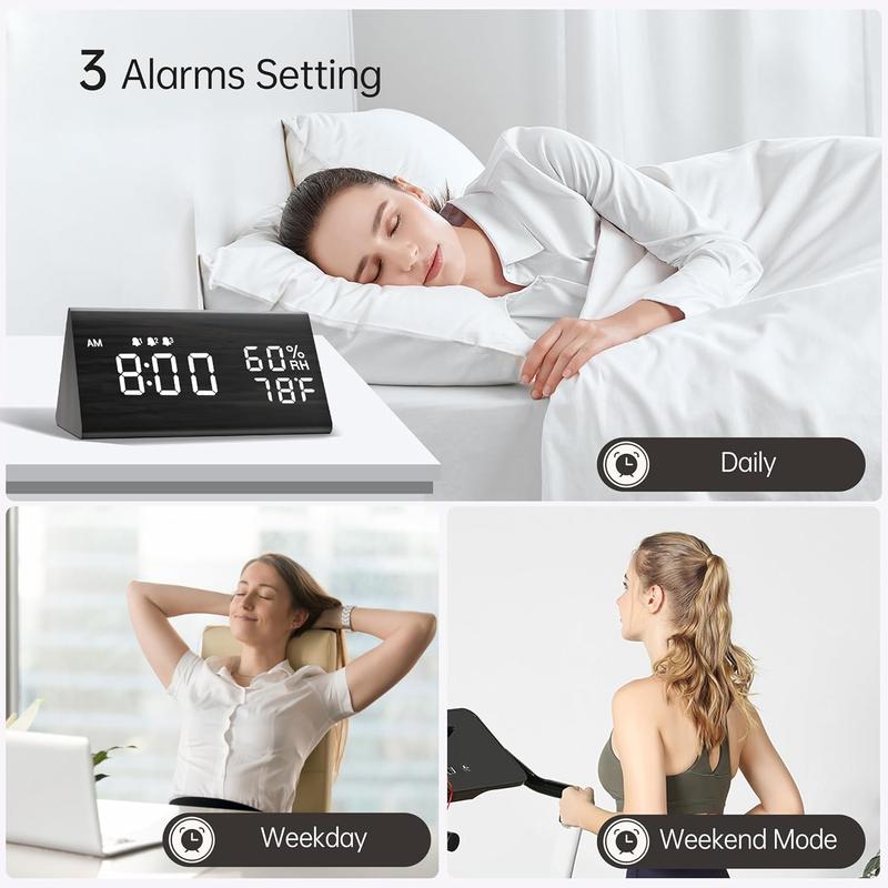 Wooden Digital Alarm Clocks For Bedrooms - Electric LED Time Display Desk Clock With Large Numbers, , 3 Alarm Settings, Humidity & Temperature Detect,USB Port, Battery Backup Alarm, Adjustable Volume, Dimmer, Snooze, DST, 12 24H,