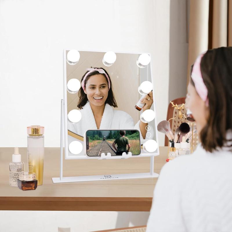 White Hollywood Vanity Mirror with Lights 9 Dimmable Bulbs Wireless Charger Speaker Makeup Mirror with Smart Touch Control for Glam Room Bedroom Detachable 10X Magnification