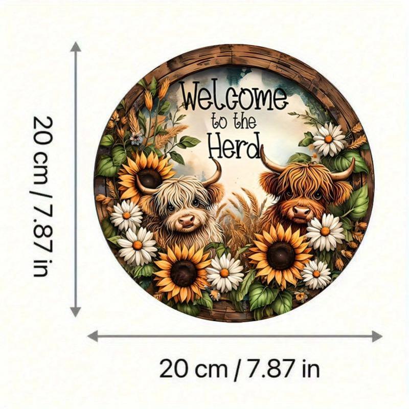 Highland Cow Pattern Welcome Sign, Round Sunflowers Hanging Door Sign, Wall Decor for Home Cafe Farmhouse Classroom Window Door Porch Garden