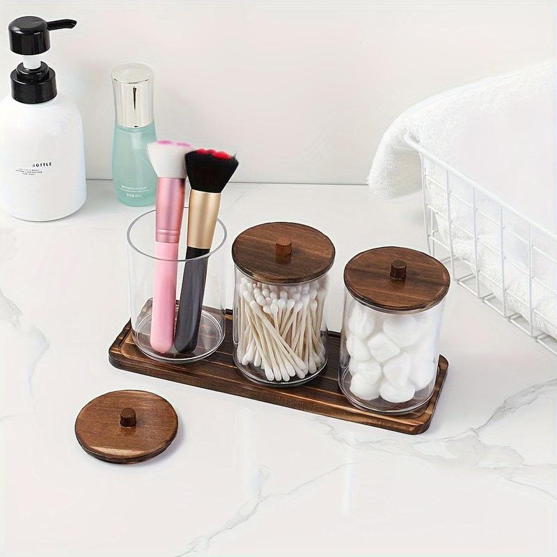 Clear Storage Box with Wooden Lid, 3 Counts set Swab Holder, Bathroom Organizer, Home Organizer for Bedroom, Living Room