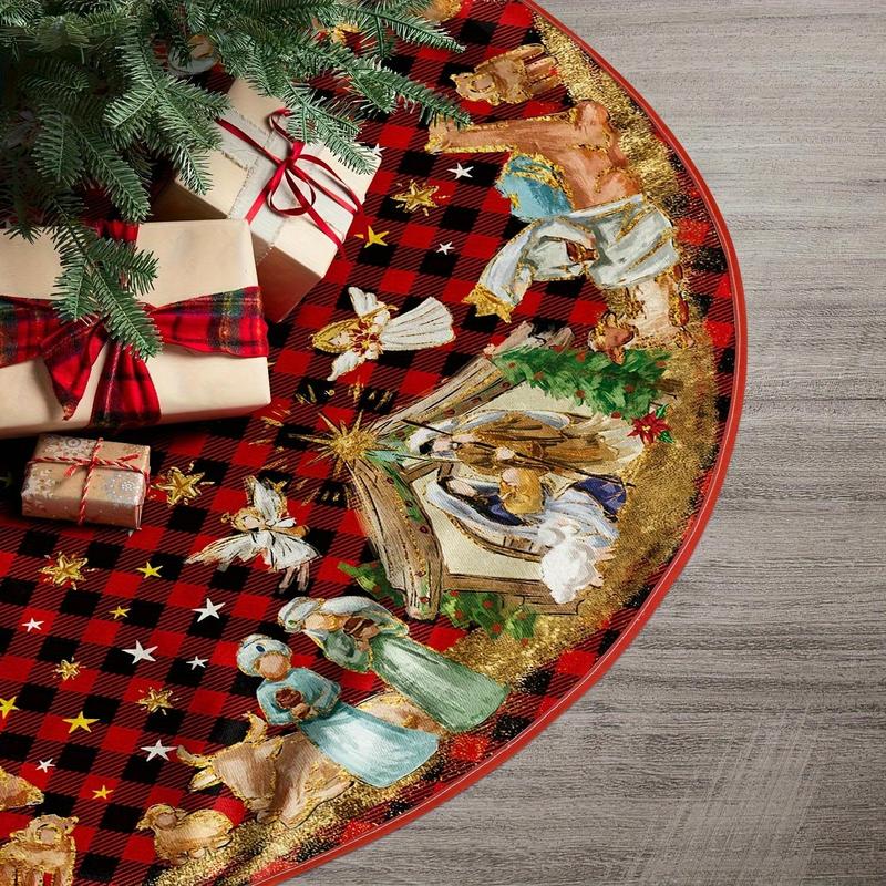 Jesus Birth Scene Themed Christmas Tree Skirt, 1 Count Plaid Pattern Christmas Tree Mat, Holiday Party Decoration for Home Garden