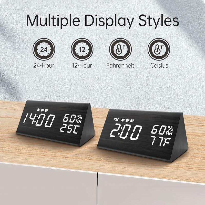 Wooden Digital Alarm Clocks For Bedrooms - Electric LED Time Display Desk Clock With Large Numbers, , 3 Alarm Settings, Humidity & Temperature Detect,USB Port, Battery Backup Alarm, Adjustable Volume, Dimmer, Snooze, DST, 12 24H,