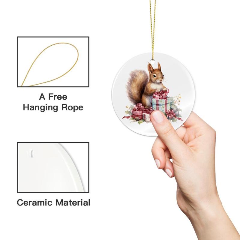 Squirrel Design Ceramic Hanging Ornament, 1 Count Lovely Squirrel with Gift Box Design Hanging Decoration, Christmas Tree Decor for Home Party