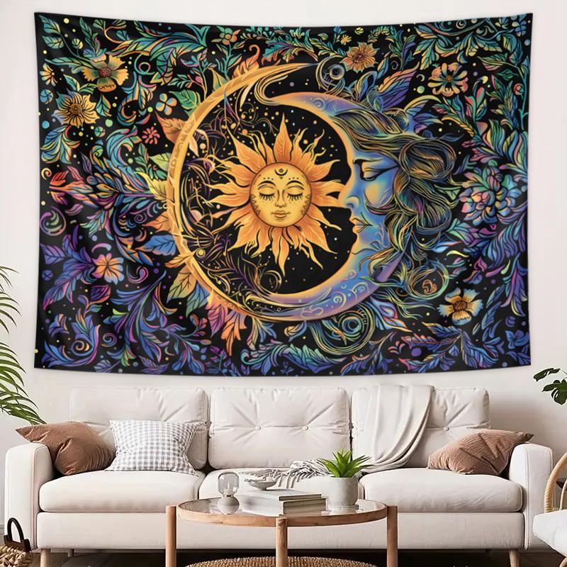 Sun & Moon Pattern Tapestry, 1 Count Boho Style Wall Hanging Tapestry with Free Installation Accessories, Wall Art Decor for Home Living Room Bedroom