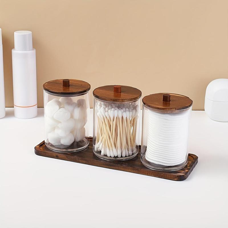 Clear Storage Box with Wooden Lid, 3 Counts set Swab Holder, Bathroom Organizer, Home Organizer for Bedroom, Living Room