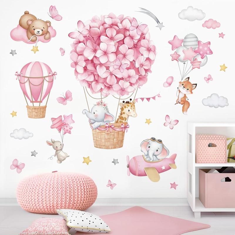 Animals Hot Air Balloon Wall Stickers Flowers Elephant Giraffe Bear Airplane Wall Art Decals for Girls Room Baby Nursery Kids Bedroom