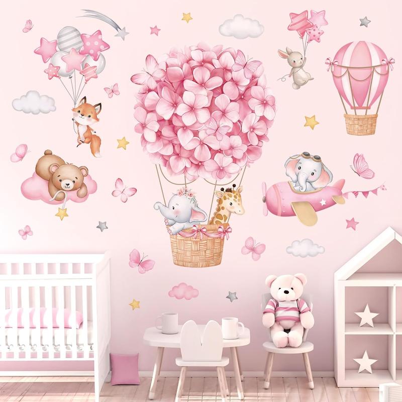 Animals Hot Air Balloon Wall Stickers Flowers Elephant Giraffe Bear Airplane Wall Art Decals for Girls Room Baby Nursery Kids Bedroom