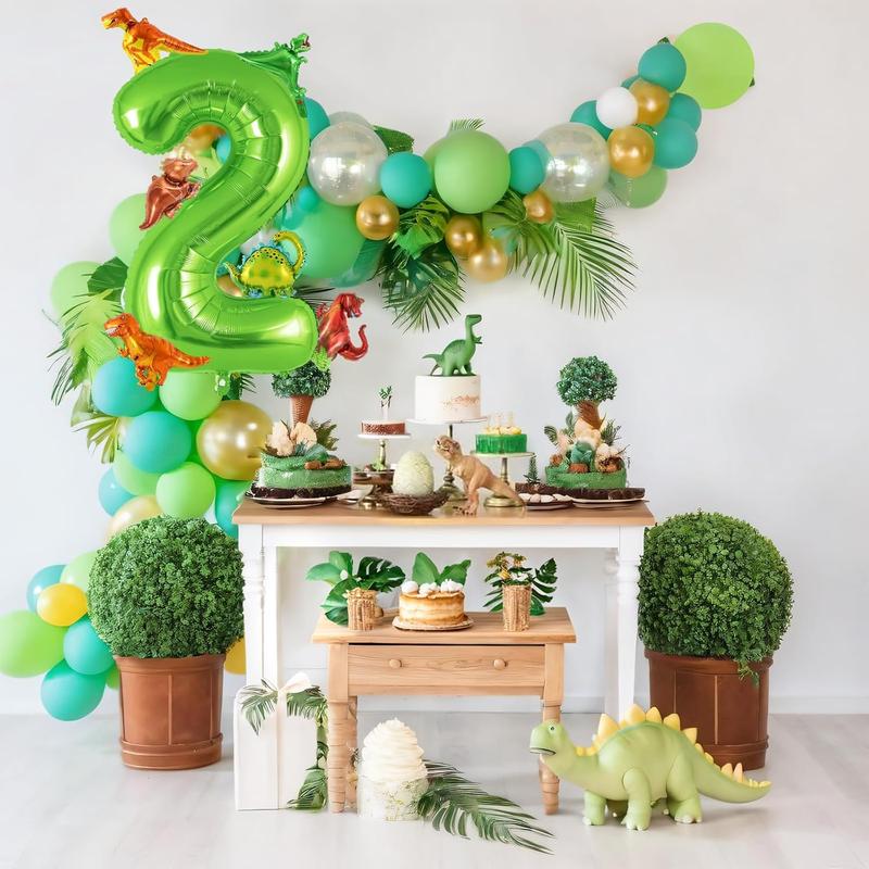 Dinosaur Green Number 2 Balloon, 40 Inch Big Large Foil Helium Green Number Balloon with 6 count Mini Dinosuar, Dinosuar Balloons Set for 2 Year Old Birthday Party Decorations Supplies