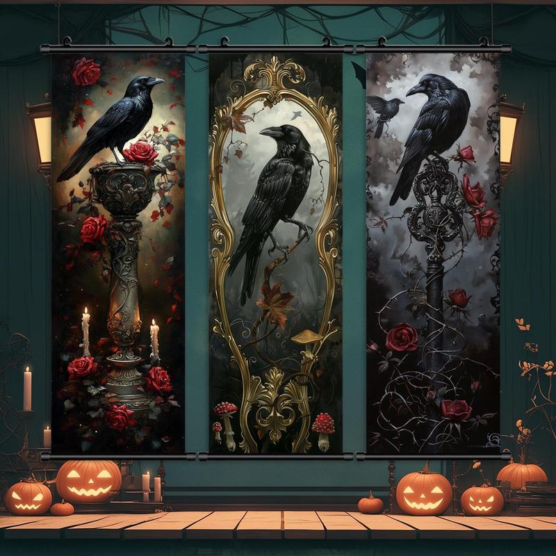 Crow Pattern Wall Hanging Banner, 3 Counts set Creative Horror Poster, Wall Art Decor for Home Living Room Bedroom, Home Decor 2025