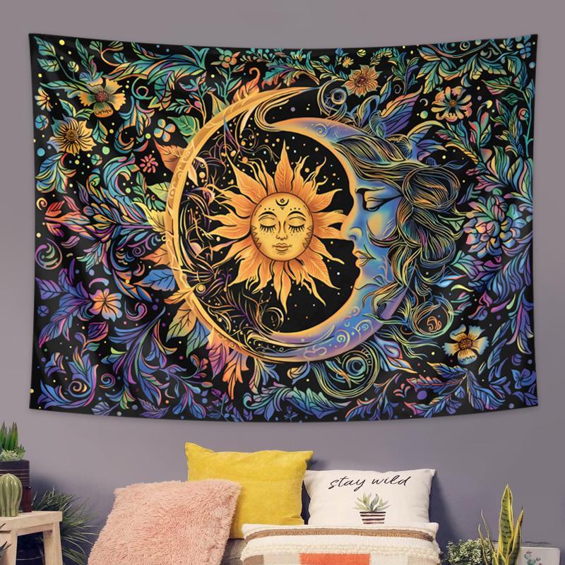 Sun & Moon Pattern Tapestry, 1 Count Boho Style Wall Hanging Tapestry with Free Installation Accessories, Wall Art Decor for Home Living Room Bedroom