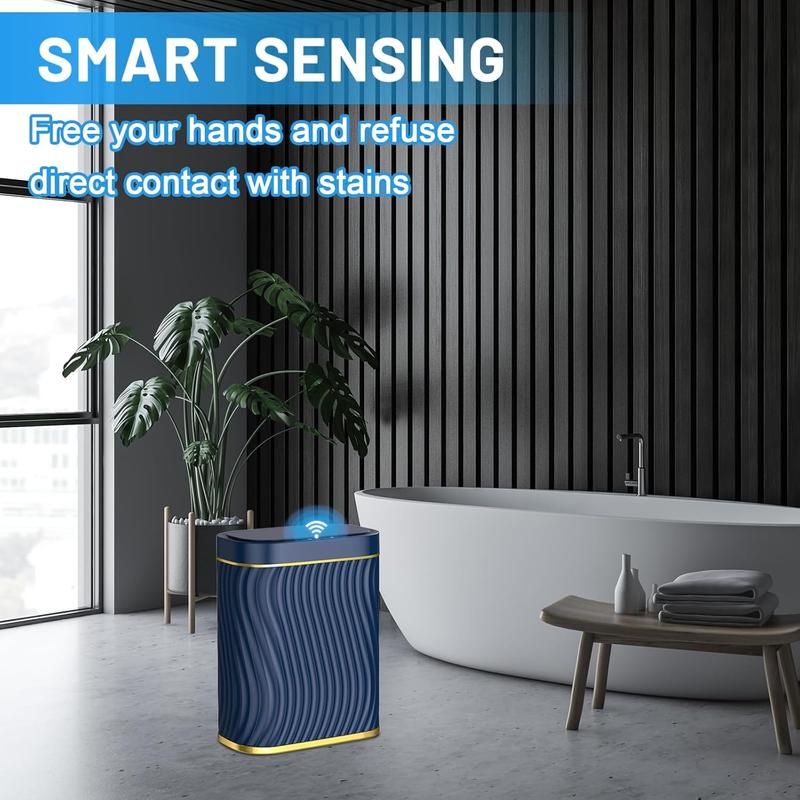 Bathroom Small Trash Can with Automatic Touchless Lid, 2.6 Gallon Smart Garbage Can Narrow Waterproof Trash Bin for Bedroom, Office, Living Room (Black) (Gold Blue)