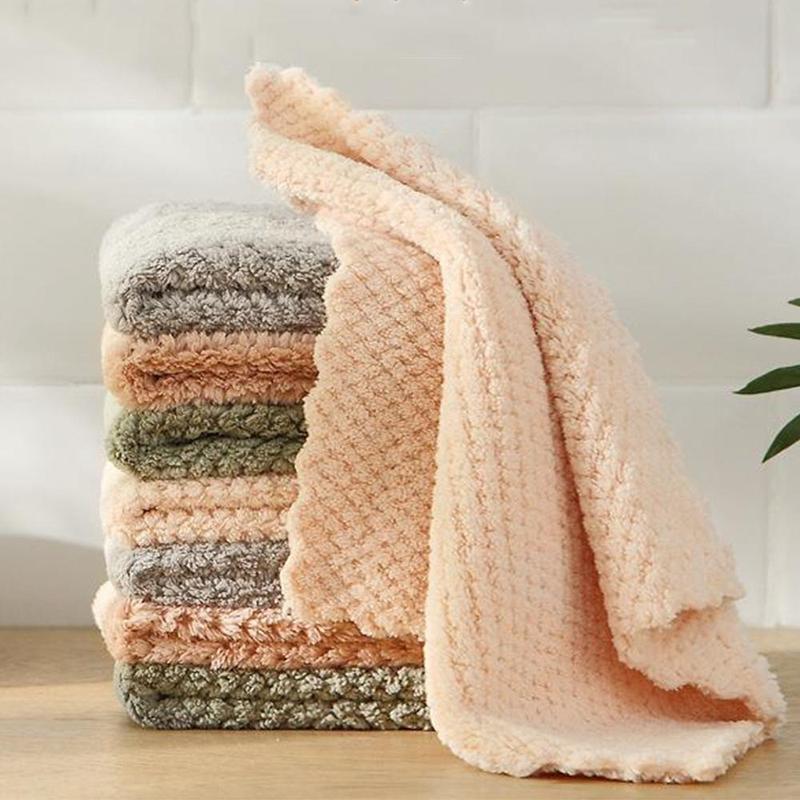 Random Color Coral Fleece Dishcloth (5 Counts), Reusable Absorbent Dishcloth, Kitchen Cleaning Cloth, Household Cleaning Tool for Kitchen