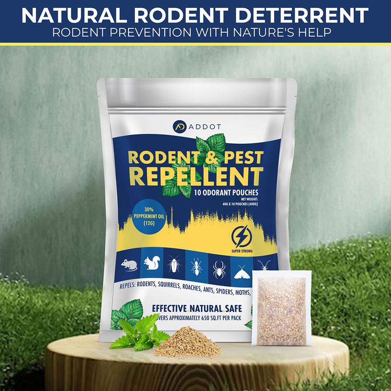 ADDOT Rodent Mouse Repellent Indoor - Powerful Pest Repeller for Mice, Squirrels, Bats, and More - 10 Pack, 40g Effective Peppermint Deterrent for Attic, Garage, RV, Basement, House, and Warehouse