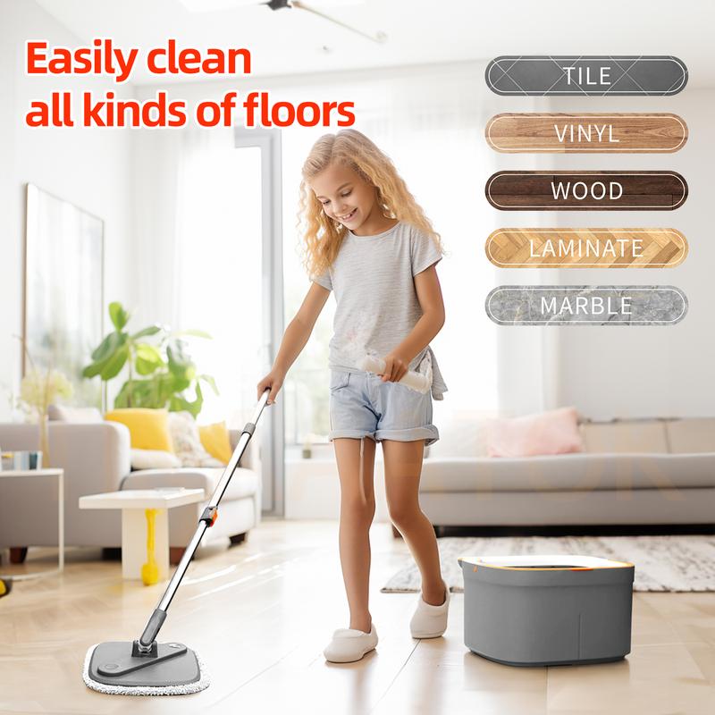 Square Spin Mop and Bucket Set, with Dirty&Clean Water Separation System,Self Wringing 360° Rotating Mop-Head With Turbo Flushing Bucket,Cleaning tools after the party, Christmas and New Year gifts