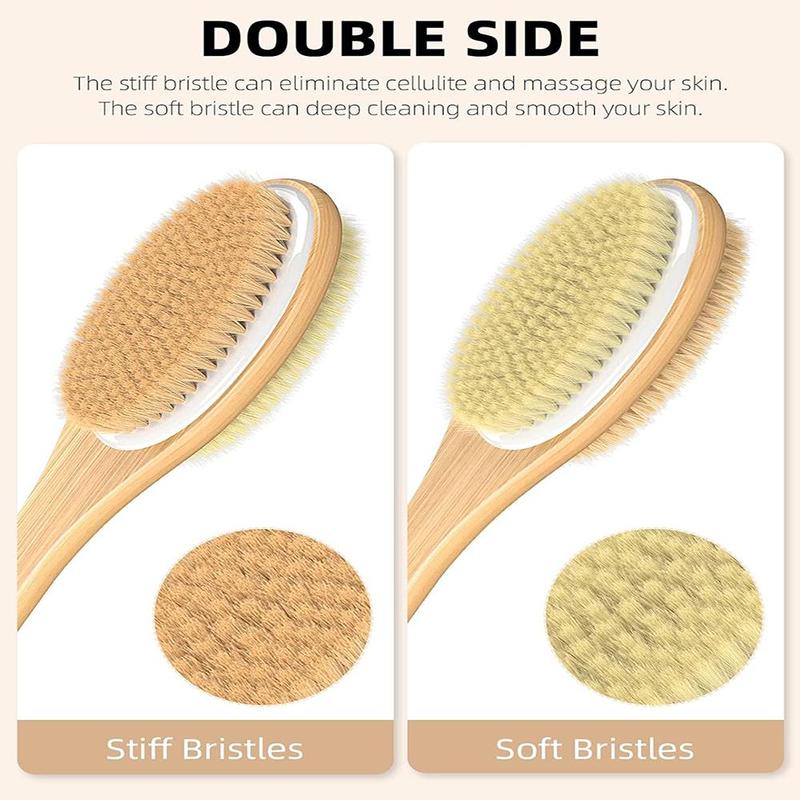 Wooden Shower Brush with Soft & Stiff Bristles, 1 Count Bath Dual-sided Long Handle Back Scrubber, Body Scrubber for Wet & Dry Brushing