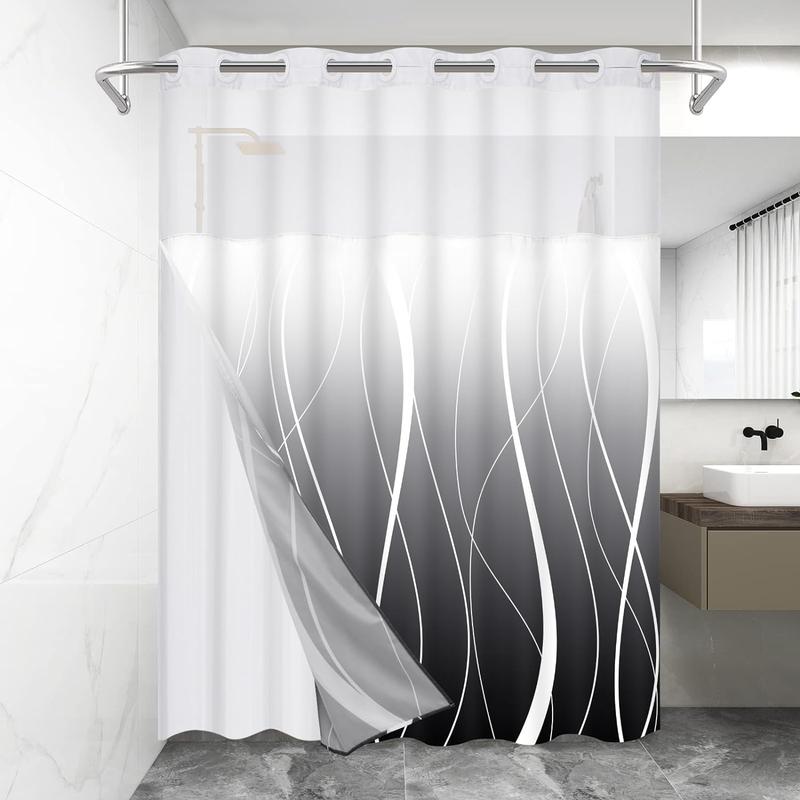 Black No Hook Shower Curtain with Snap in Liner, Modern Striped Hotel Shower Curtain and Liner Set, Ombre See Through Shower Curtain with Window, Double Layer, Washable, 71