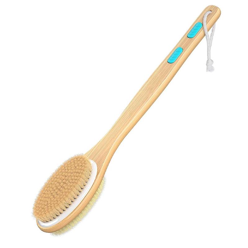 Wooden Shower Brush with Soft & Stiff Bristles, 1 Count Bath Dual-sided Long Handle Back Scrubber, Body Scrubber for Wet & Dry Brushing