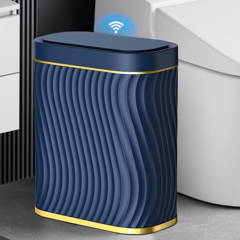 Bathroom Small Trash Can with Automatic Touchless Lid, 2.6 Gallon Smart Garbage Can Narrow Waterproof Trash Bin for Bedroom, Office, Living Room (Black) (Gold Blue)