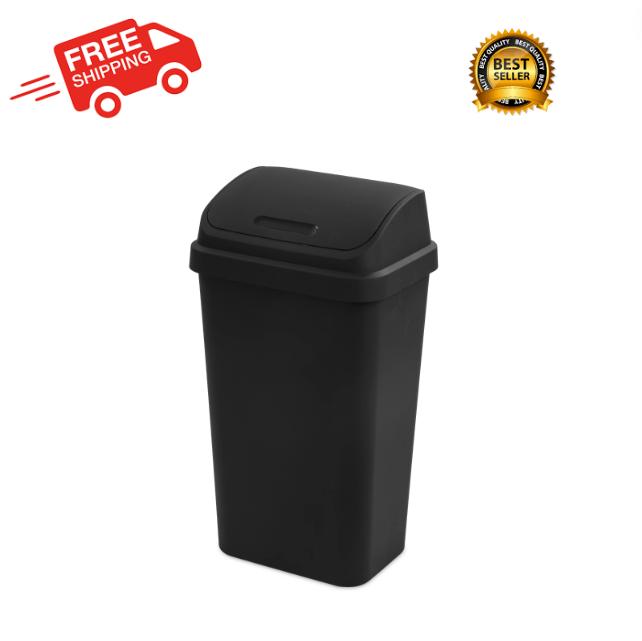 Kitchen Trash Can 13 Gallon Plastic Swing With Lid Garbage Black Cabinet Wall