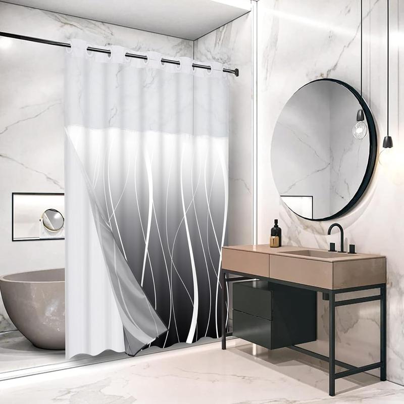 Black No Hook Shower Curtain with Snap in Liner, Modern Striped Hotel Shower Curtain and Liner Set, Ombre See Through Shower Curtain with Window, Double Layer, Washable, 71