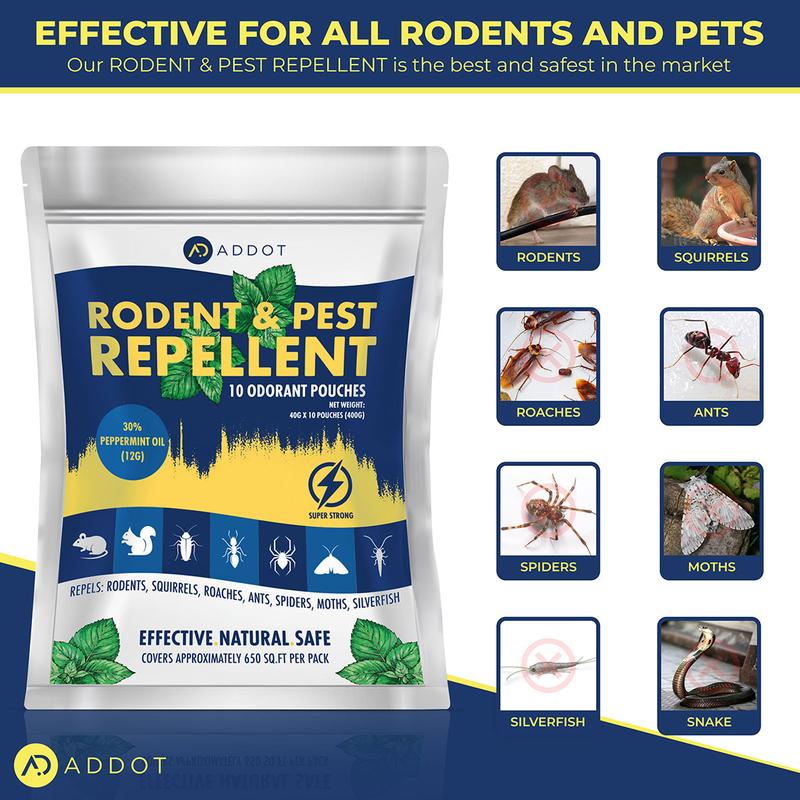 ADDOT Rodent Mouse Repellent Indoor - Powerful Pest Repeller for Mice, Squirrels, Bats, and More - 10 Pack, 40g Effective Peppermint Deterrent for Attic, Garage, RV, Basement, House, and Warehouse