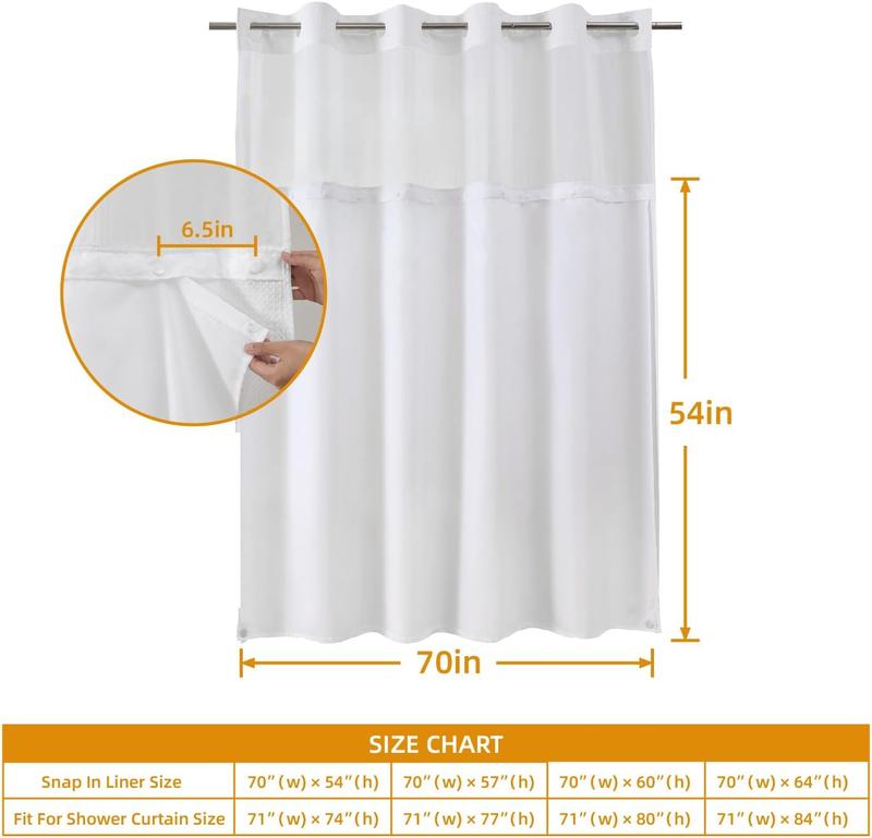 1 Pack Fabric Snap-in Shower Curtain Liner Replacement,Compatible with No Hook Shower Curtain with Snap in Liner, Removable & Water-Repellent,Machine Washable,70x54,White