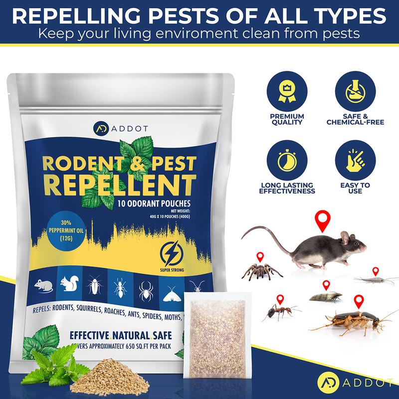 ADDOT Rodent Mouse Repellent Indoor - Powerful Pest Repeller for Mice, Squirrels, Bats, and More - 10 Pack, 40g Effective Peppermint Deterrent for Attic, Garage, RV, Basement, House, and Warehouse