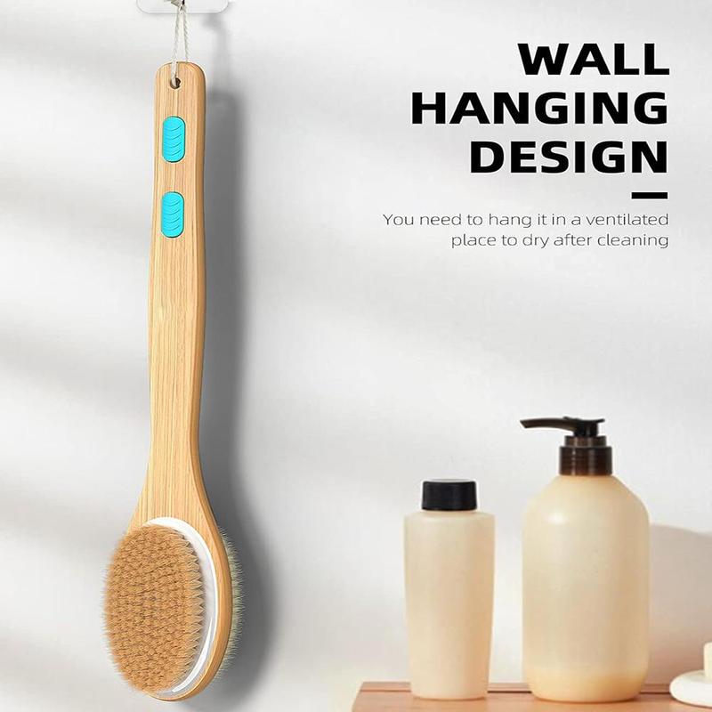 Wooden Shower Brush with Soft & Stiff Bristles, 1 Count Bath Dual-sided Long Handle Back Scrubber, Body Scrubber for Wet & Dry Brushing