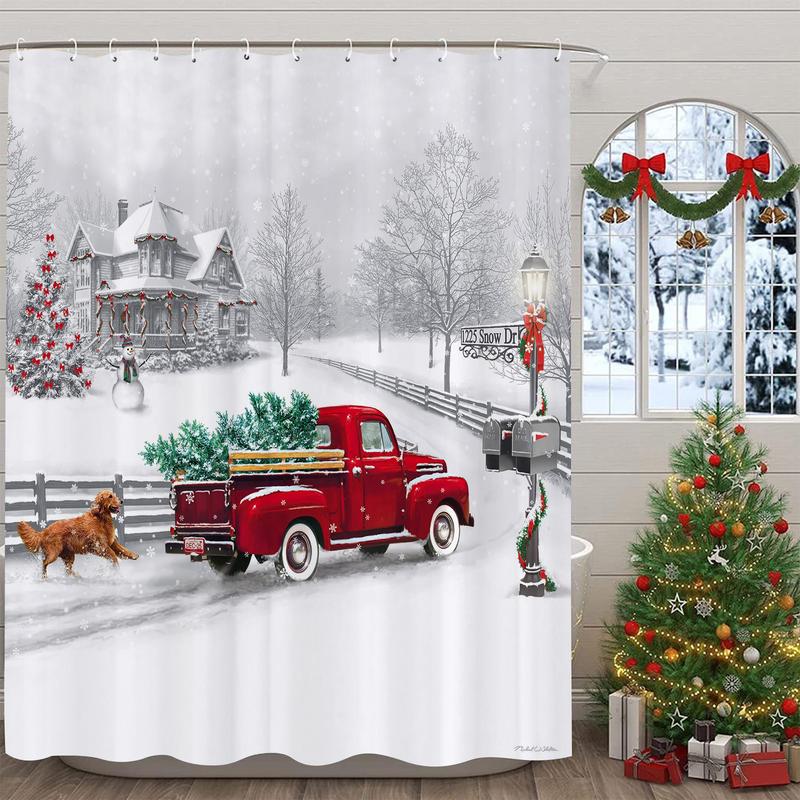 PAUSEBOLL Winter Christmas Shower Curtain White Snow Vintage Red Truck Holiday Trees and Pet Dog Welcome Home Bathroom Shower Curtain with Hooks Waterproof Home Decor Curtain 72x72 Inch