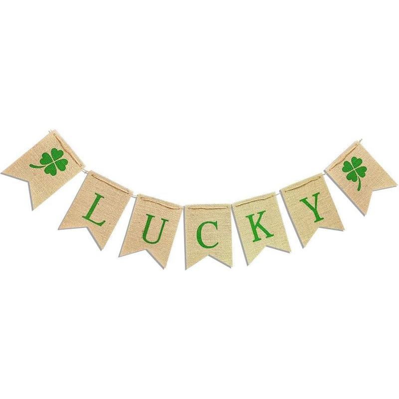 Lucky Shamrock Burlap Garland Banners for St.Patrick's Day Decorations Rustic Burlap Shamrock Clover Banner Garland for Irish Day, Office, Party Supplies Decor