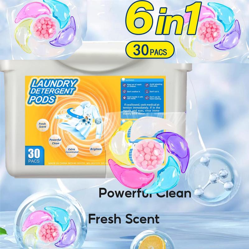 6 in 1 Laundry Detergent Pod, 30pcs box Multifunctional Washing Machine Laundry Bead for Apartment and Dormitory, Washing Clothes Supplies